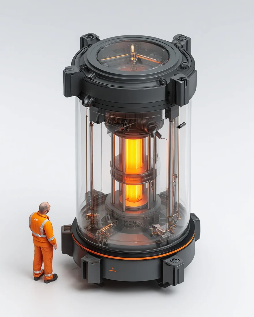 HELIX microreactor core cutaway showing the graphite-moderated TRISO core, sodium heat pipes, sealed vessel, and attestation base